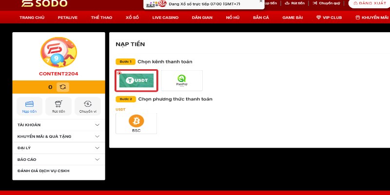 Quy trình cần thực hiện để nạp tiền 79Sodo